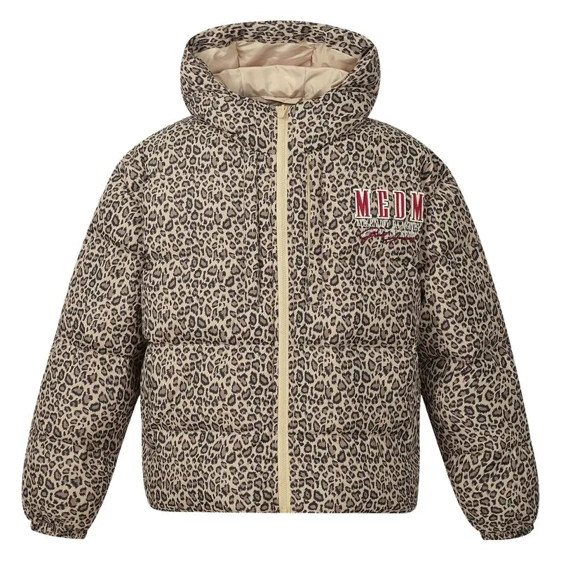 MEDM Leopard Leather Patch Puffer Jacket