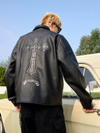 Harsh and Cruel Metal Cross Logo Textured Leather Jacket