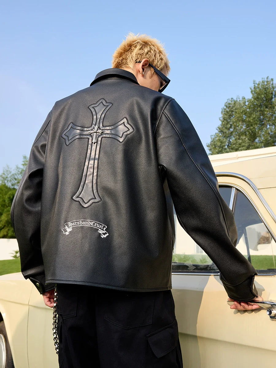 Harsh and Cruel Metal Cross Logo Textured Leather Jacket