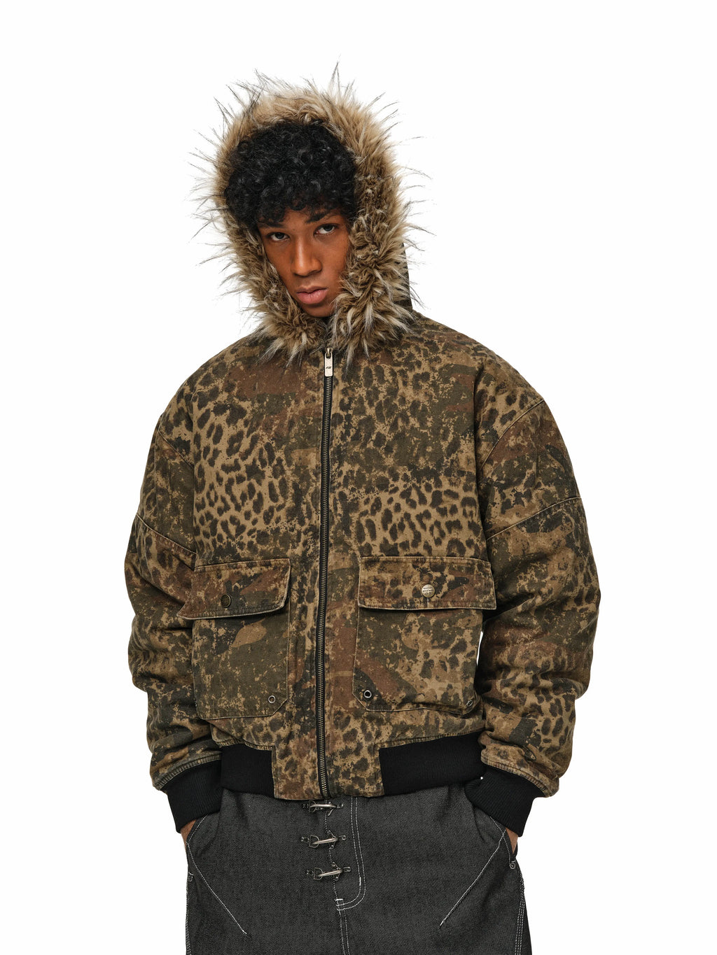 ANTIDOTE Washed Leopard Fur Hooded Work Jacket