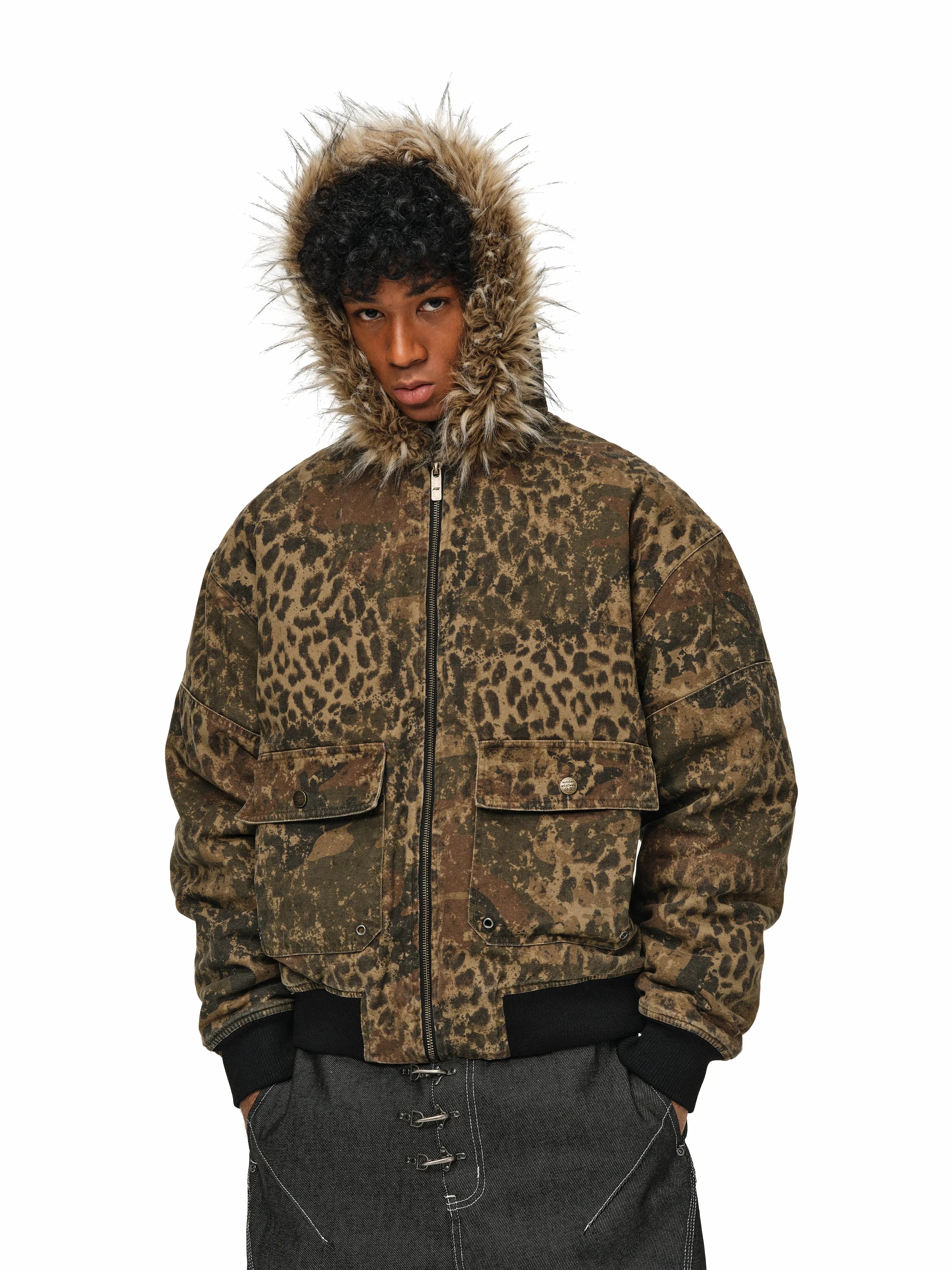 ANTIDOTE Washed Leopard Fur Hooded Work Jacket