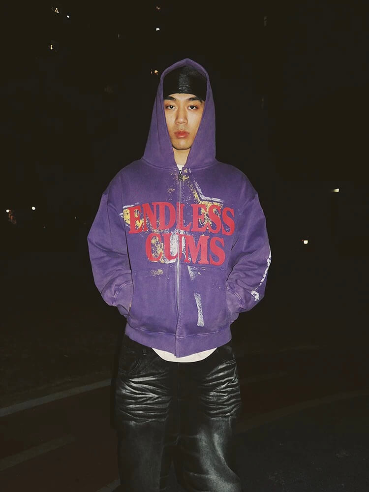 EVETS Vintage Purple Star Graphic Zip Up Hoodie