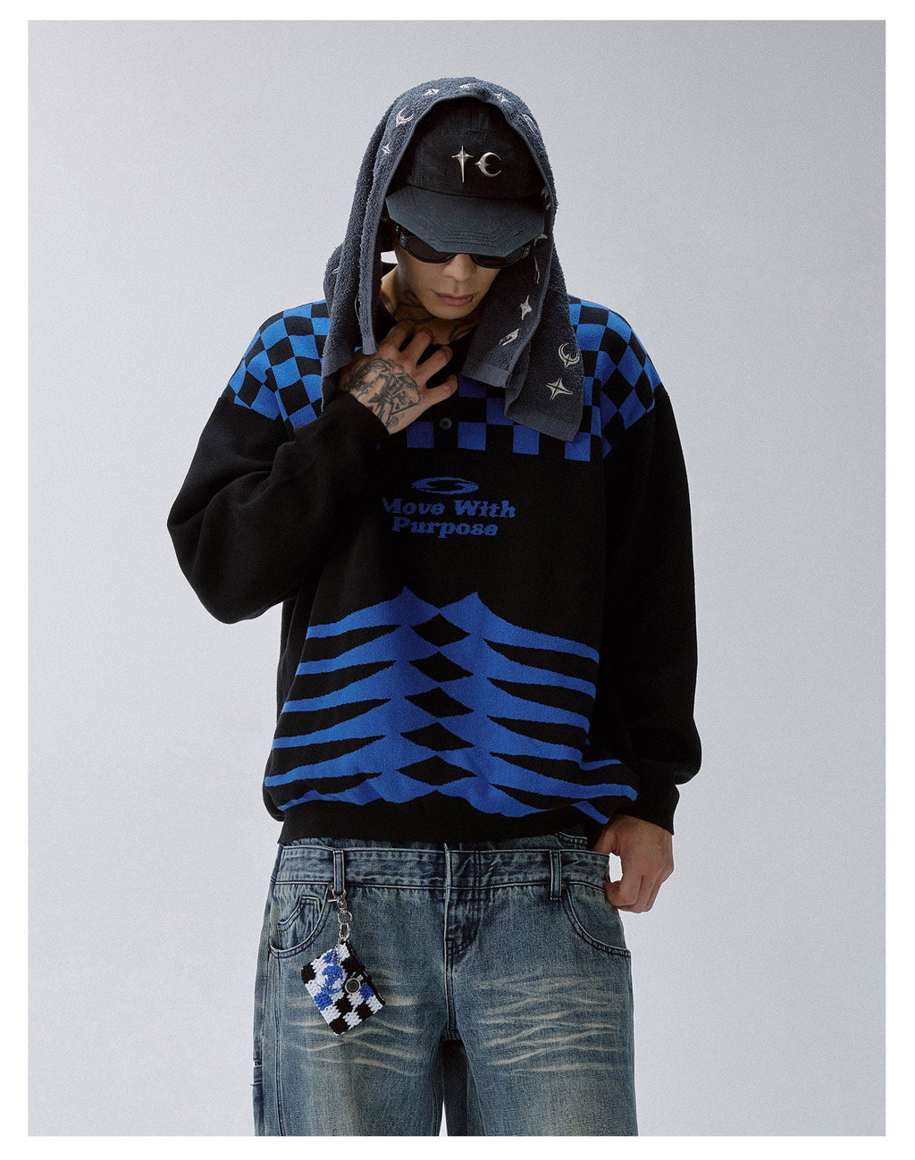 F2CE Checkerboard Pattern Polo Knit Sweater