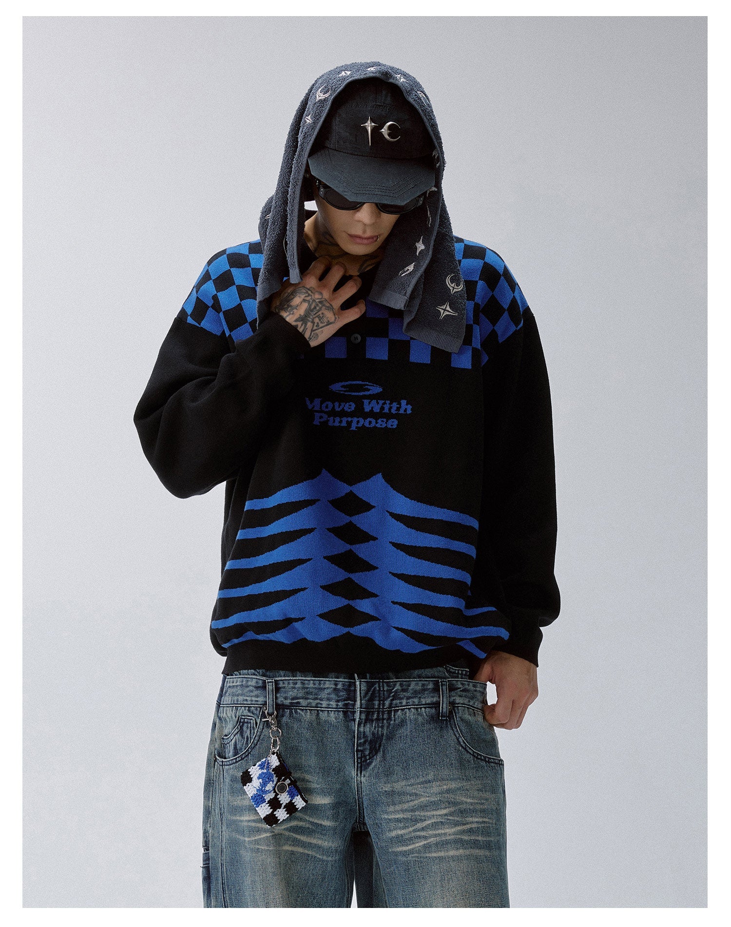 F2CE Checkerboard Pattern Polo Knit Sweater