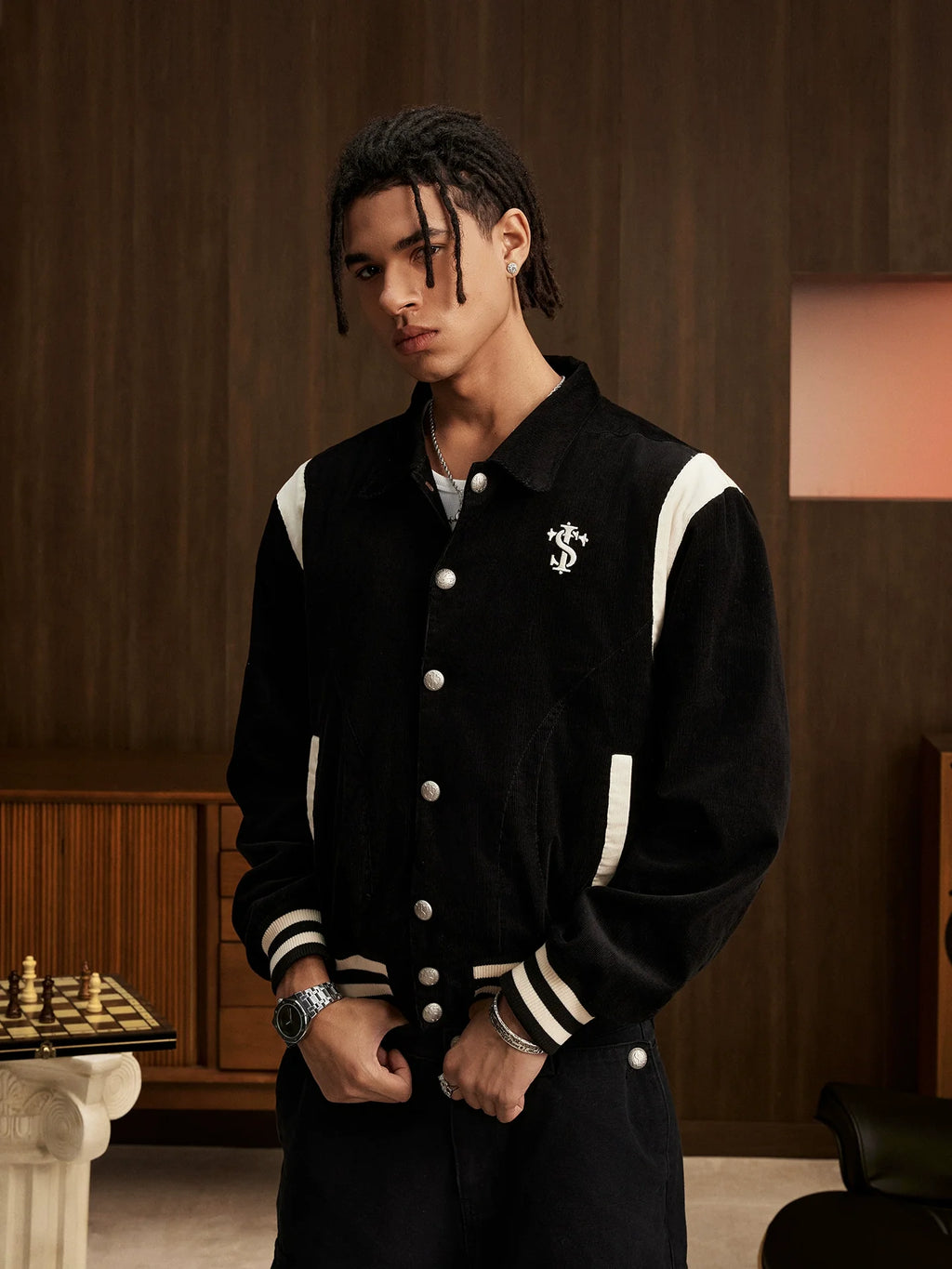 Small Town Kid Rivet Cross stitching Patch Corduroy Varsity Jacket