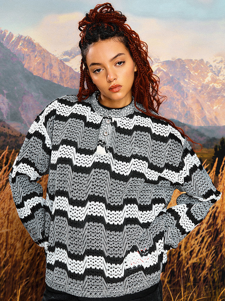 YADcrew Geometric Stripe Henley Neck Long Sleeve Knit Sweater