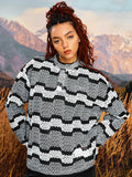 YADcrew Geometric Stripe Henley Neck Long Sleeve Knit Sweater