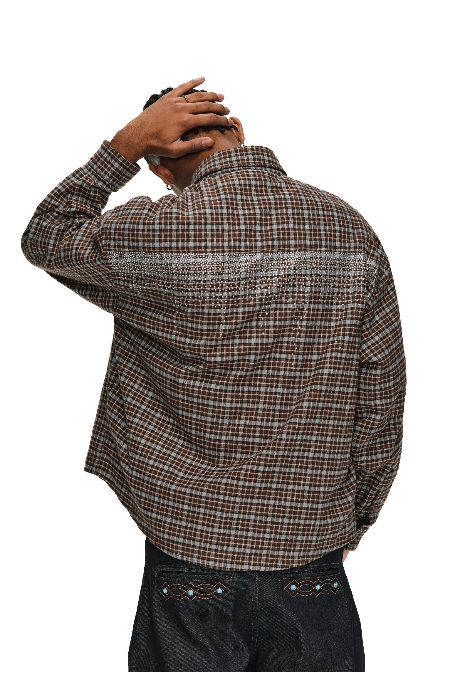 ANTIDOTE Rhinestone Flannel Plaid Long Sleeve Shirt