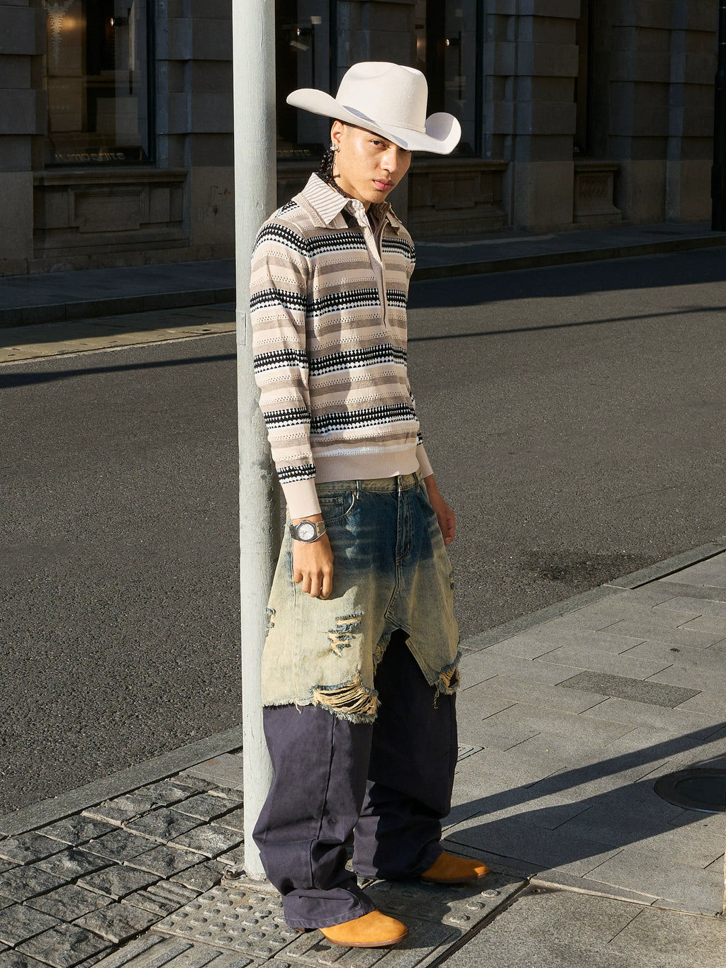 STEEPC Layered Design Washed Distressed Baggy Jeans