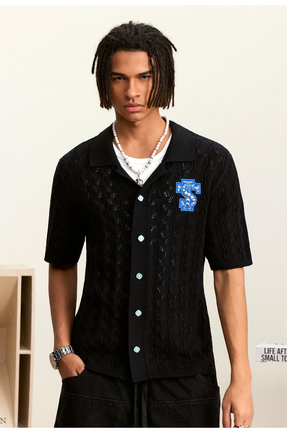 Small Town Kid Ethnic Logo Patch Crochet Knit Hawaiian Shirt
