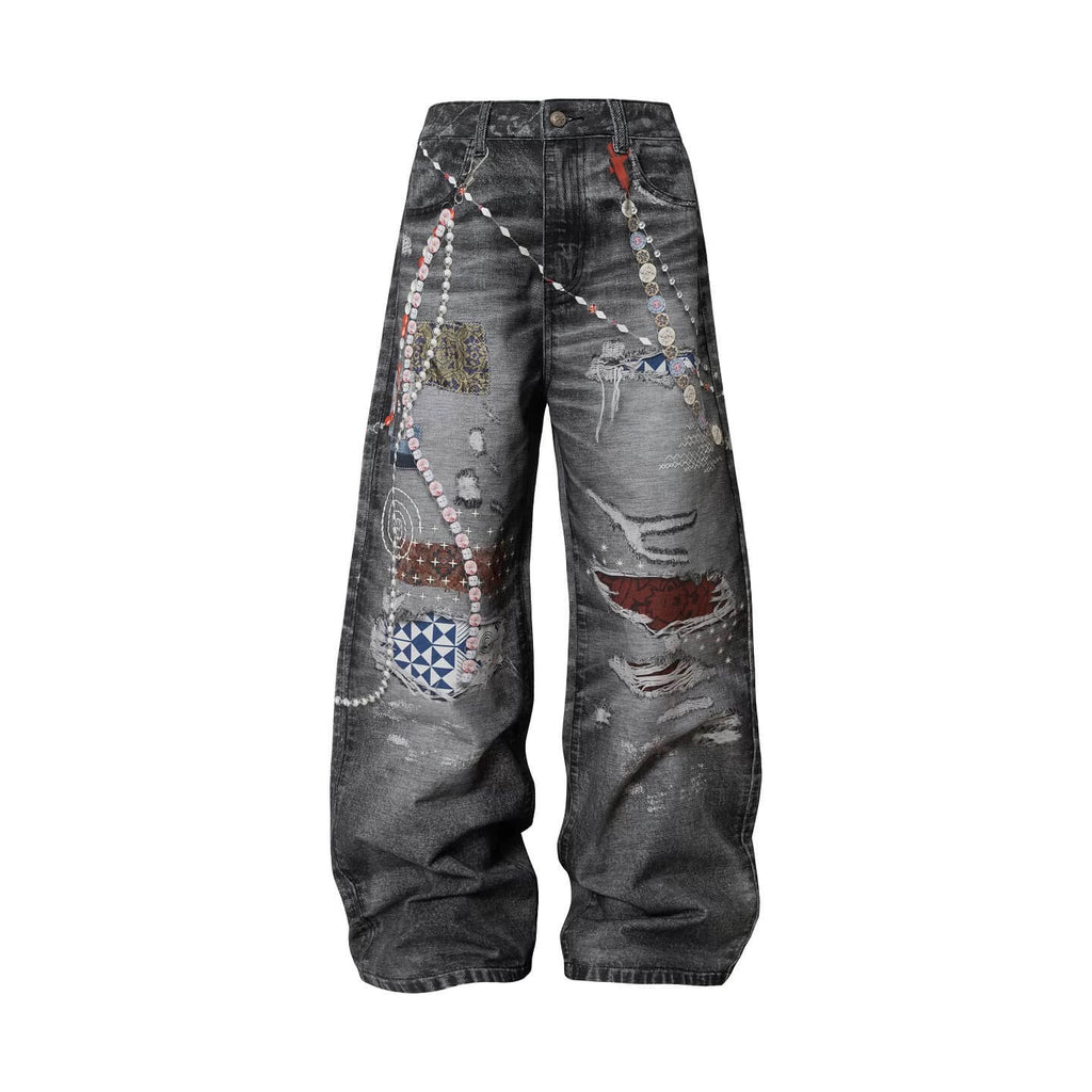 YADcrew x MEDM 3D Cloth Patch Chain Distressed Digital Print Jeans