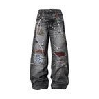 YADcrew x MEDM 3D Cloth Patch Chain Distressed Digital Print Jeans