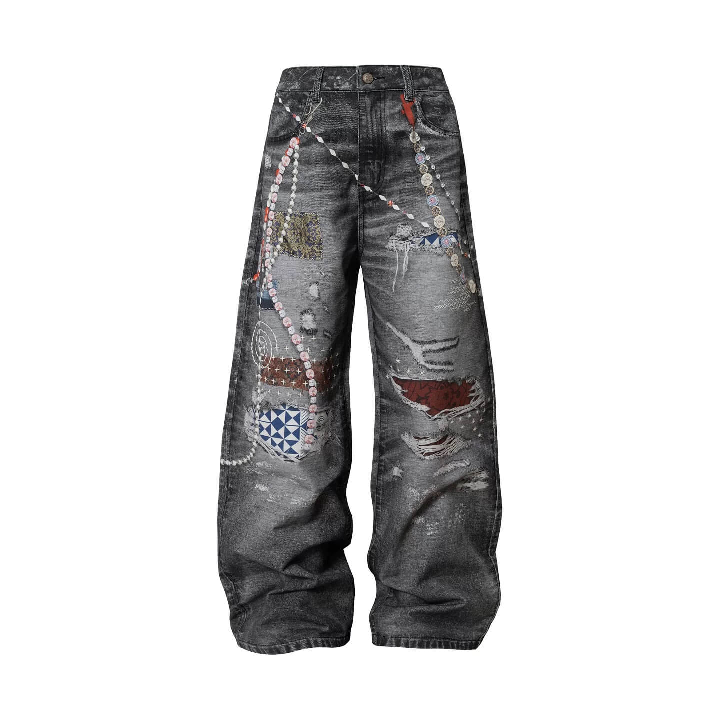 YADcrew x MEDM 3D Cloth Patch Chain Distressed Digital Print Jeans