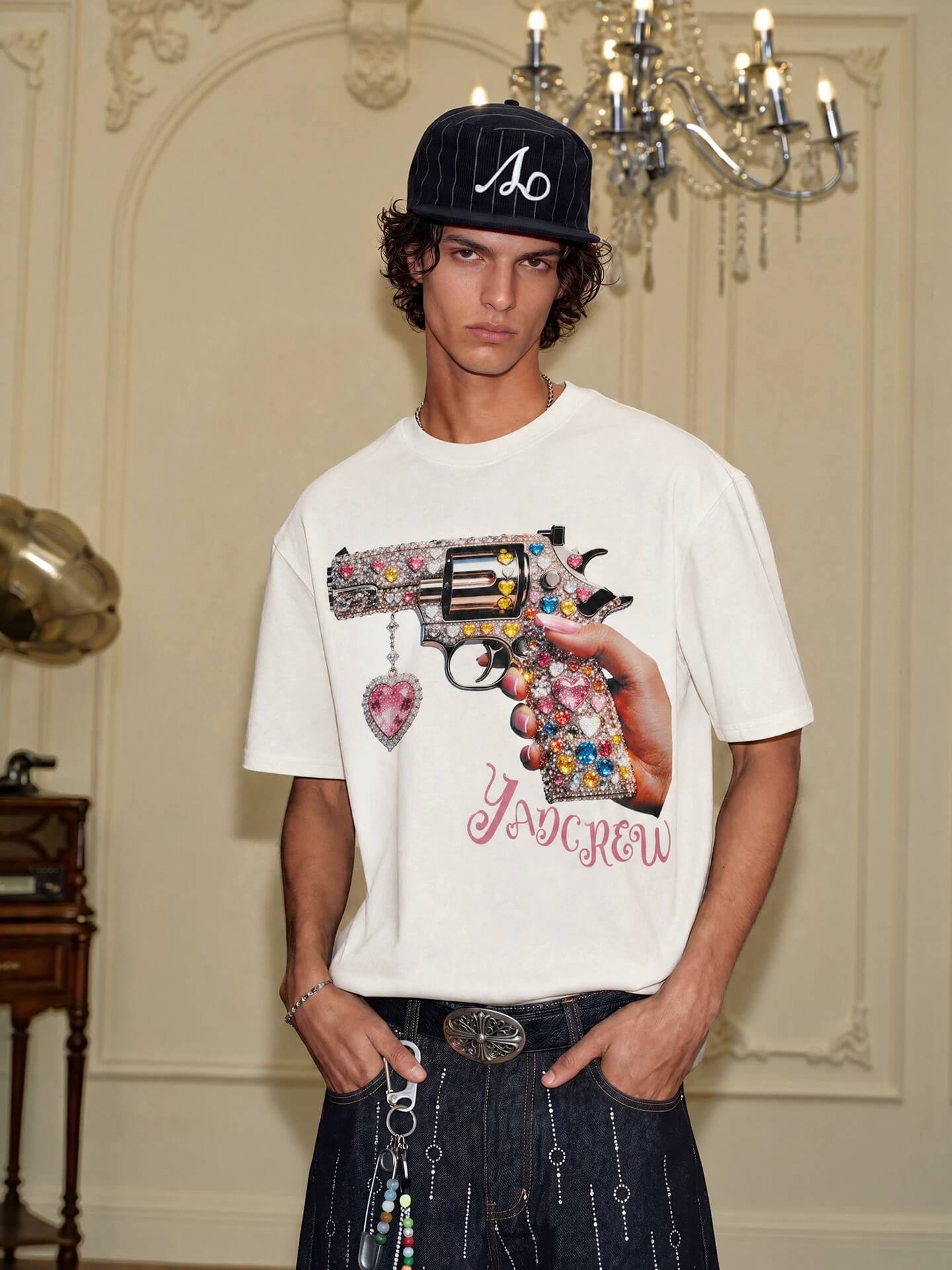 YADcrew Rhinestone Revolver Digital Print Tee