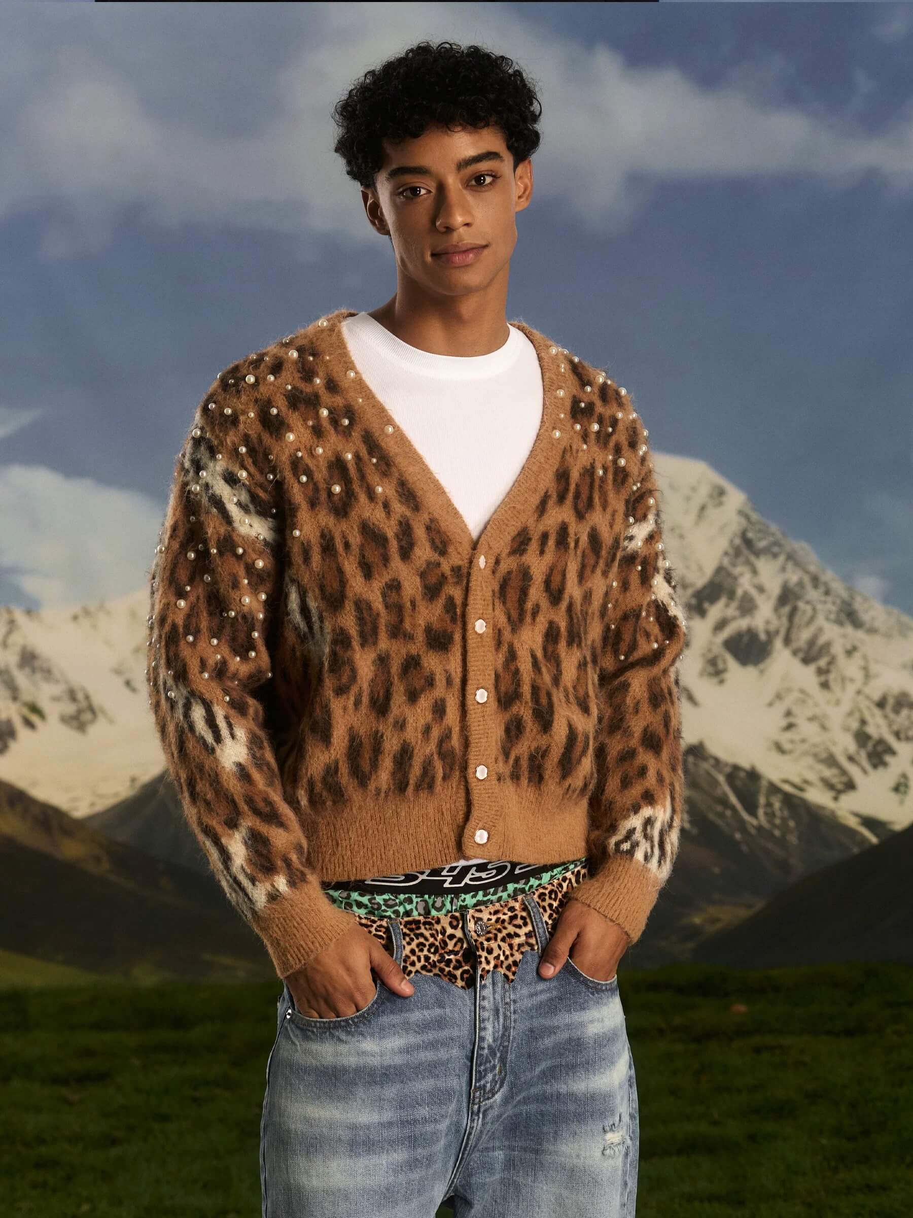 S45 Pearl Studded Leopard Knit Cardigan