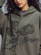 1807 Graffiti Angel Print Zip Up Hoodie