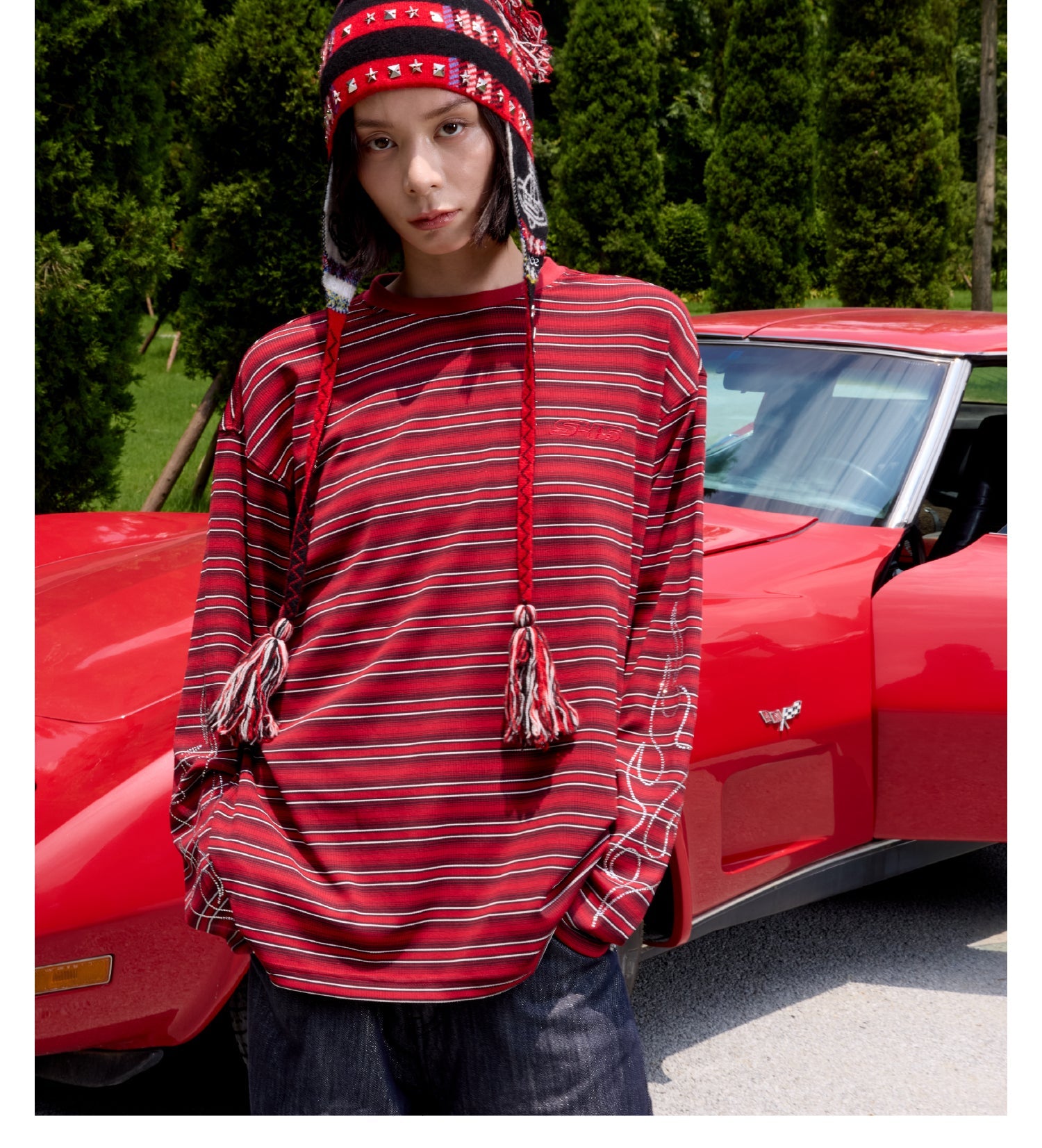 S45 Rhinestone Flame Stripe Long Sleeve Tee