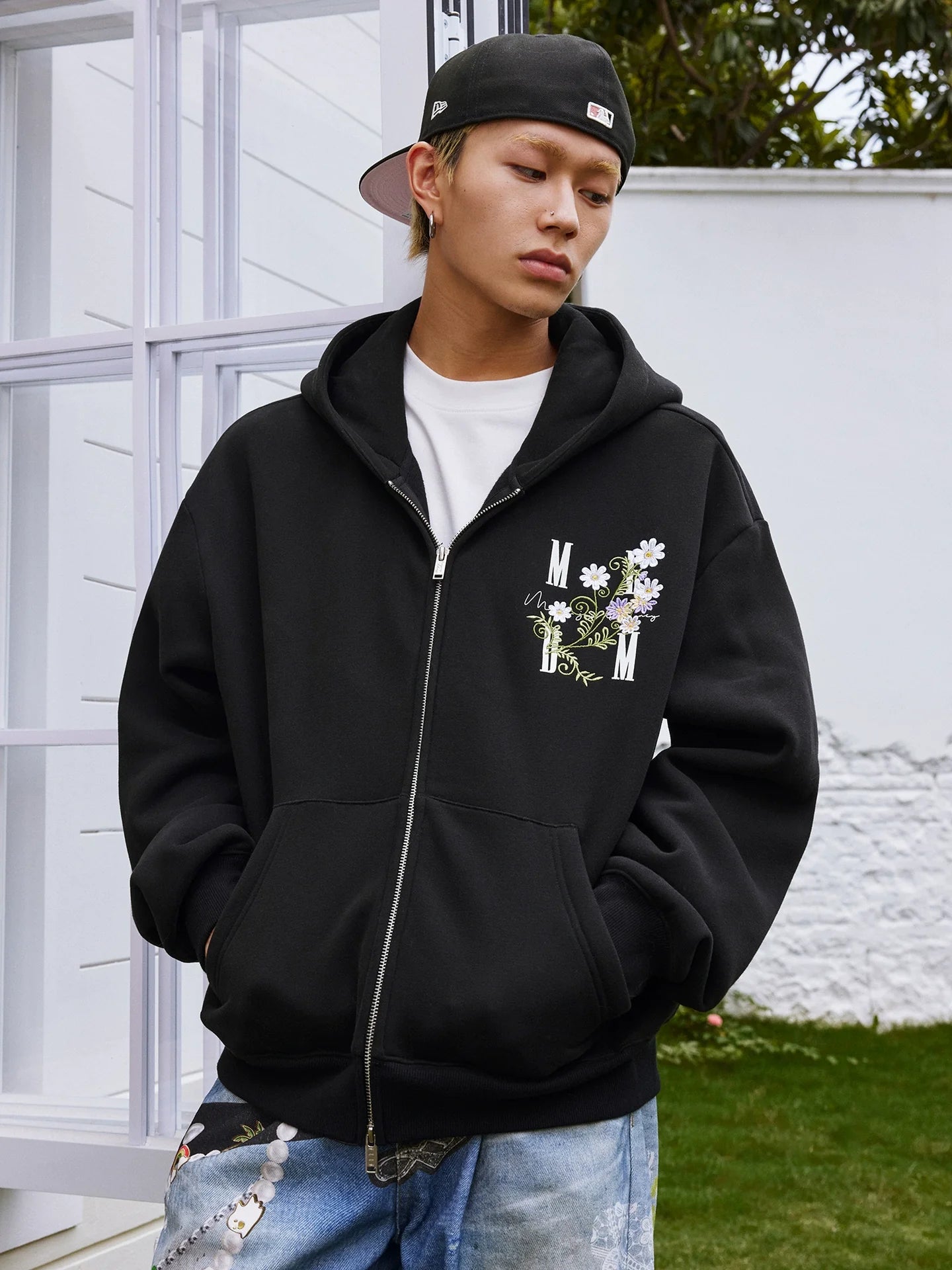 MEDM Floral Logo Embroidered Zip Up Hoodie