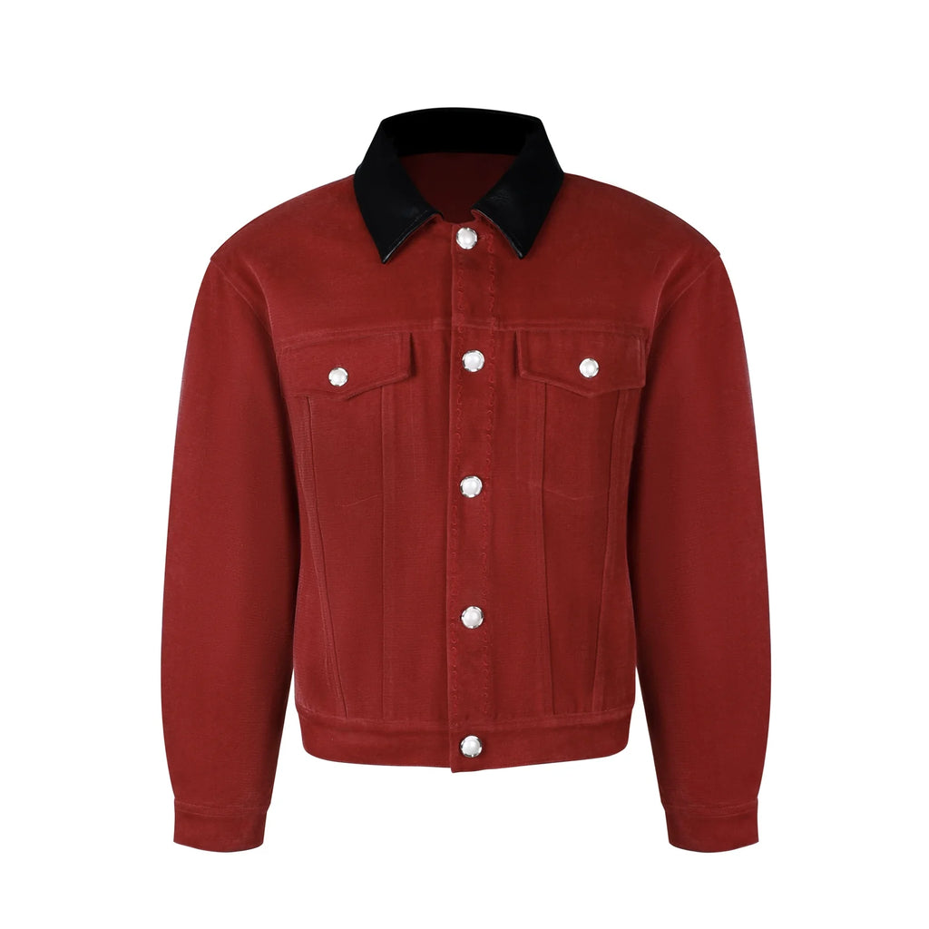 S45 Flocking Denim Pearl Button Leather Lapel Short Jacket