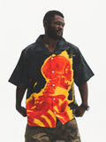 UNTILWERICH Cuban Collar Flaming Skull Short Sleeve Shirt