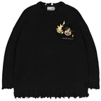 Harsh and Cruel Cartoon Face Distressed Knit Sweater