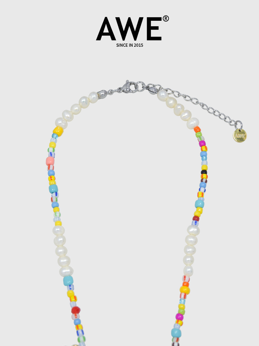 AWE AE Word Charm Color Beaded Pearl Necklace