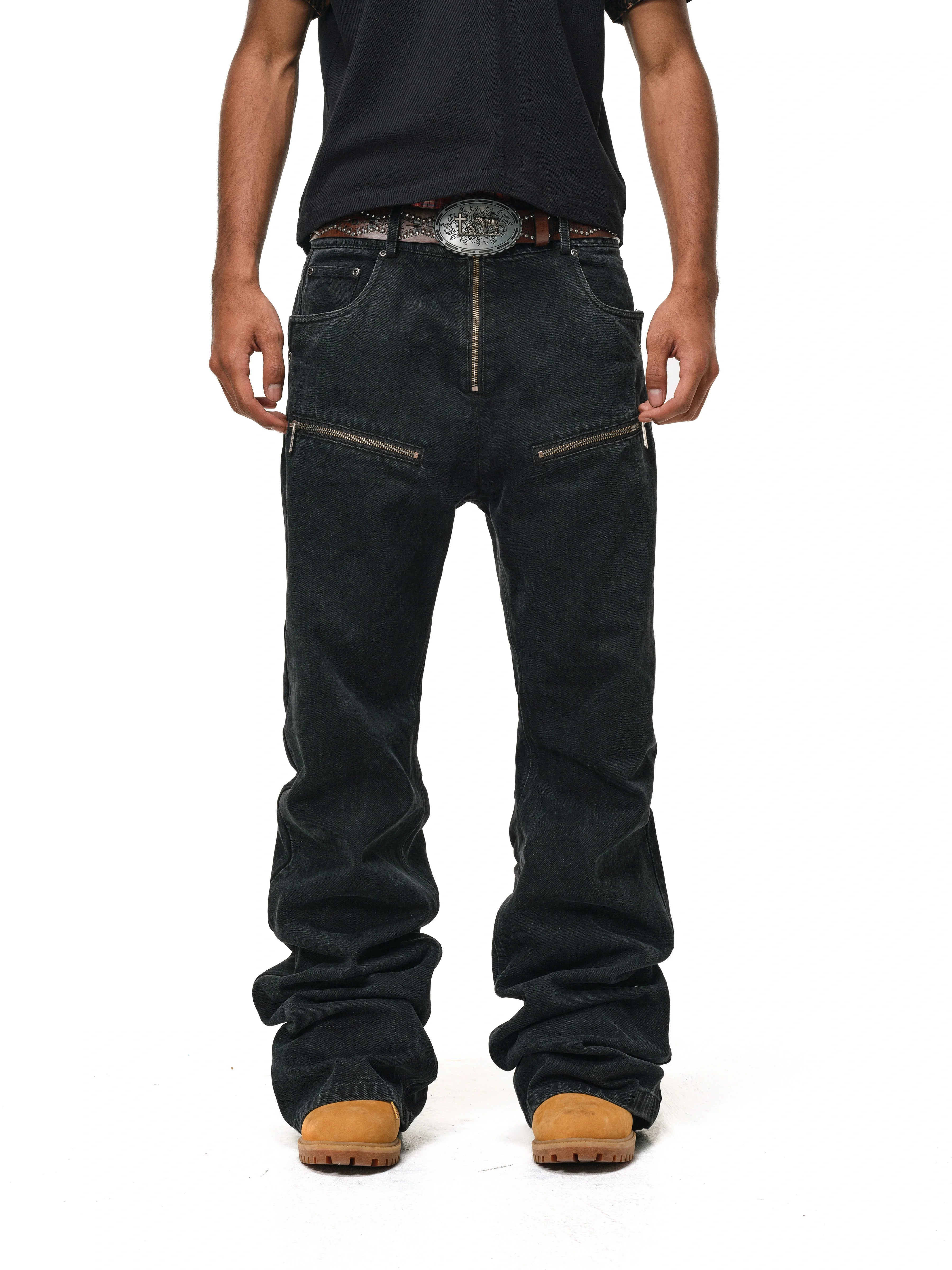 ANTIDOTE Studded Punk Zipper Flared Jeans