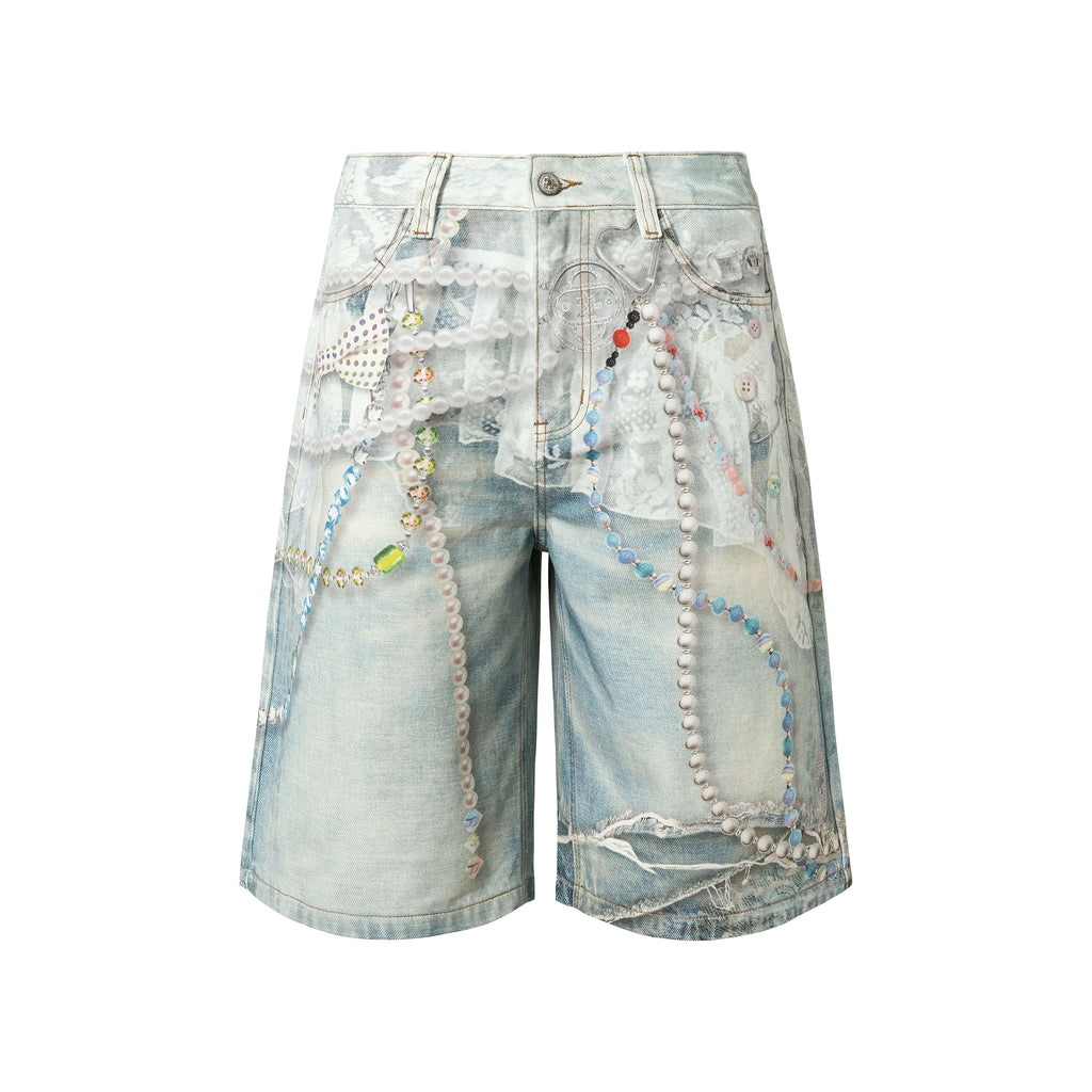 YADcrew Denim Pearl Bead Chain Digital Print Shorts
