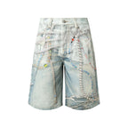 YADcrew Denim Pearl Bead Chain Digital Print Shorts