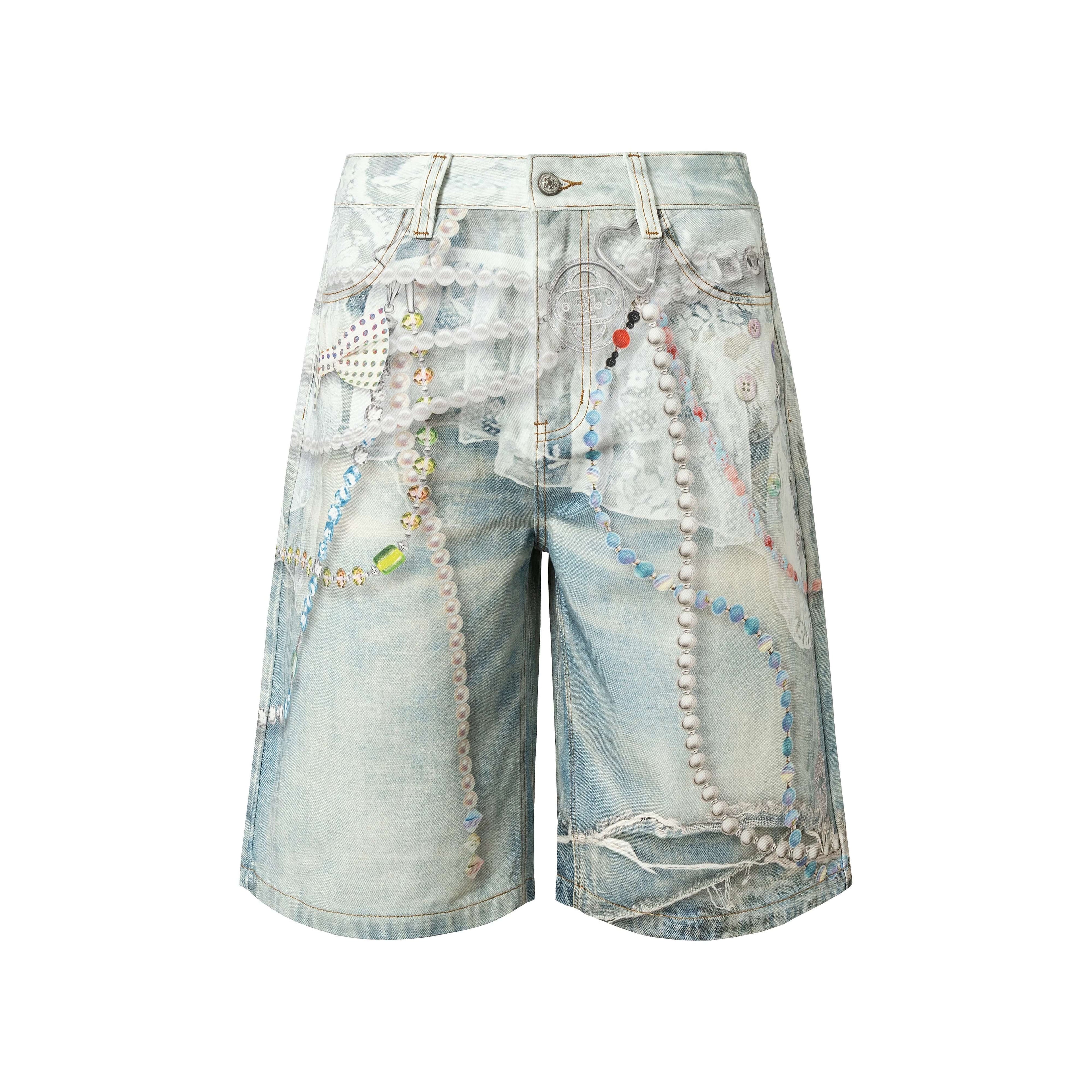 YADcrew Denim Pearl Bead Chain Digital Print Shorts