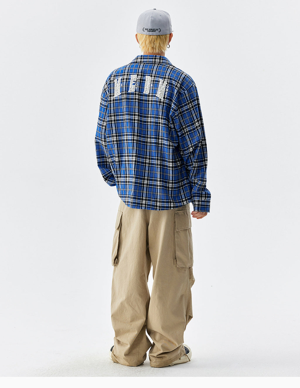 MEDM Blue Pearl Embroidery Plaid Long Sleeve Shirt