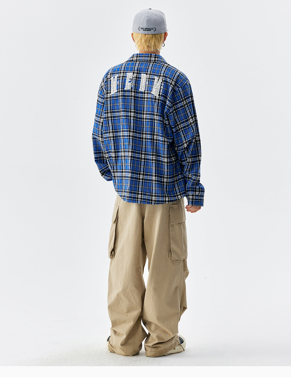 MEDM Blue Pearl Embroidery Plaid Long Sleeve Shirt