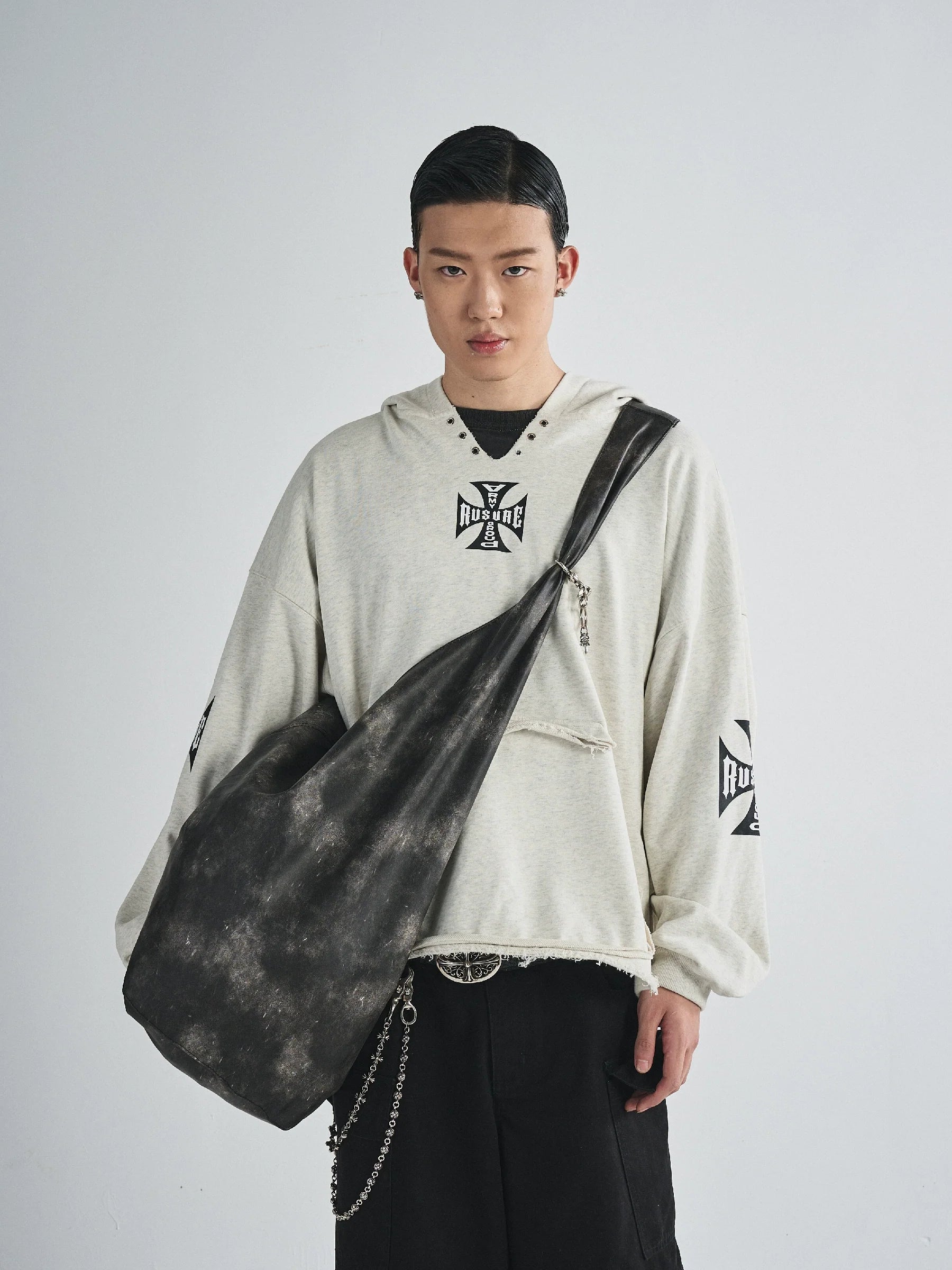 RUSURE V Neck Cross Logo Destruction Hoodie