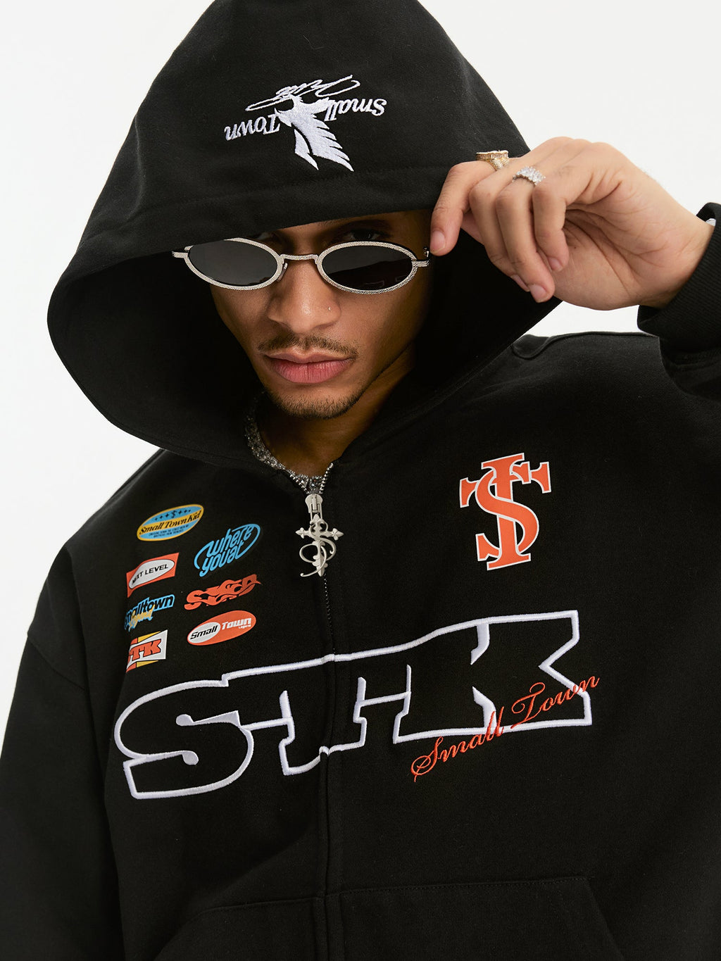 Small Town Kid Racing Badge Printed and Embroidered Zip-Up Hoodie