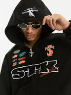 Small Town Kid Racing Badge Printed and Embroidered Zip-Up Hoodie