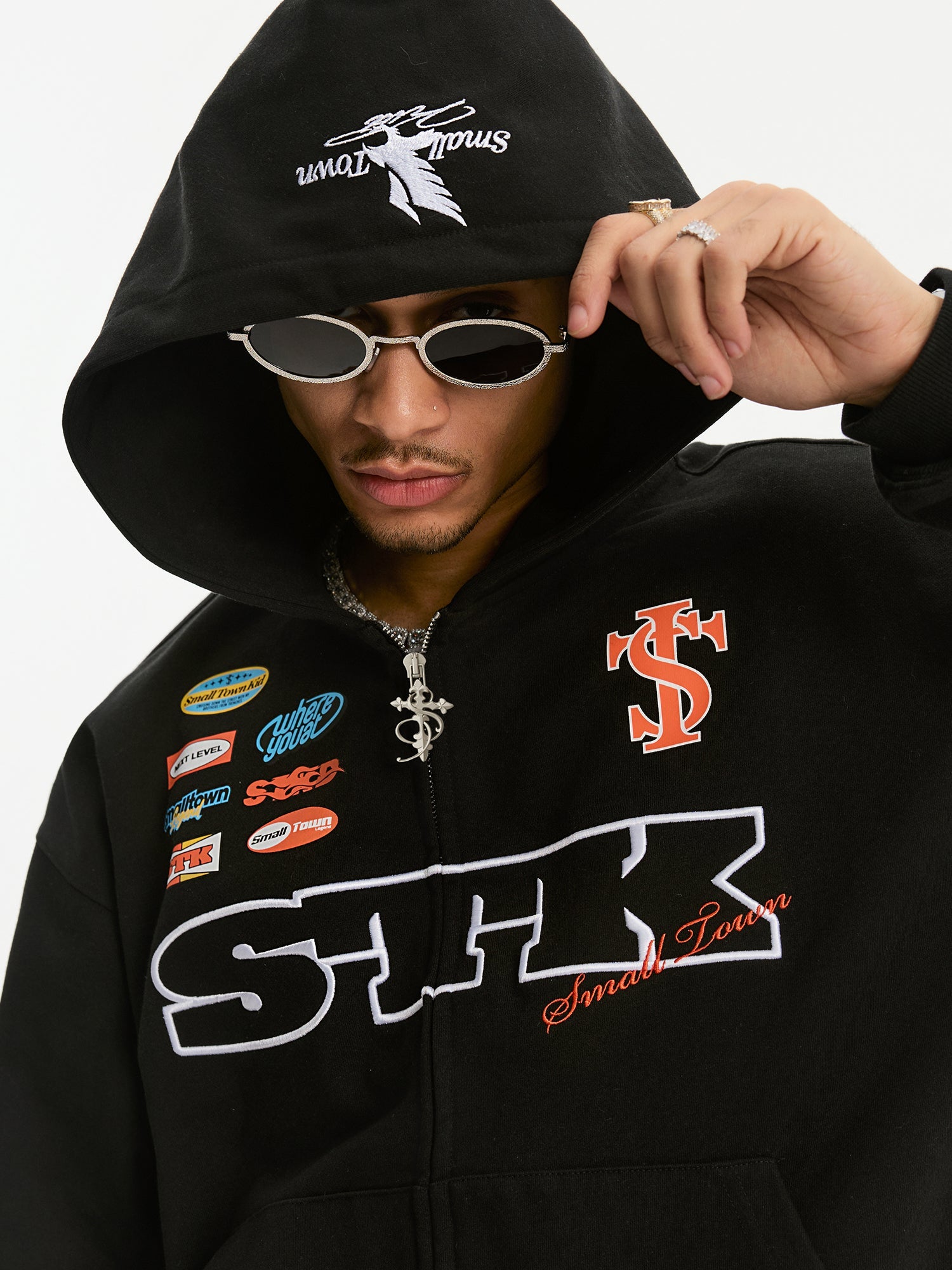 Small Town Kid Racing Badge Printed and Embroidered Zip-Up Hoodie