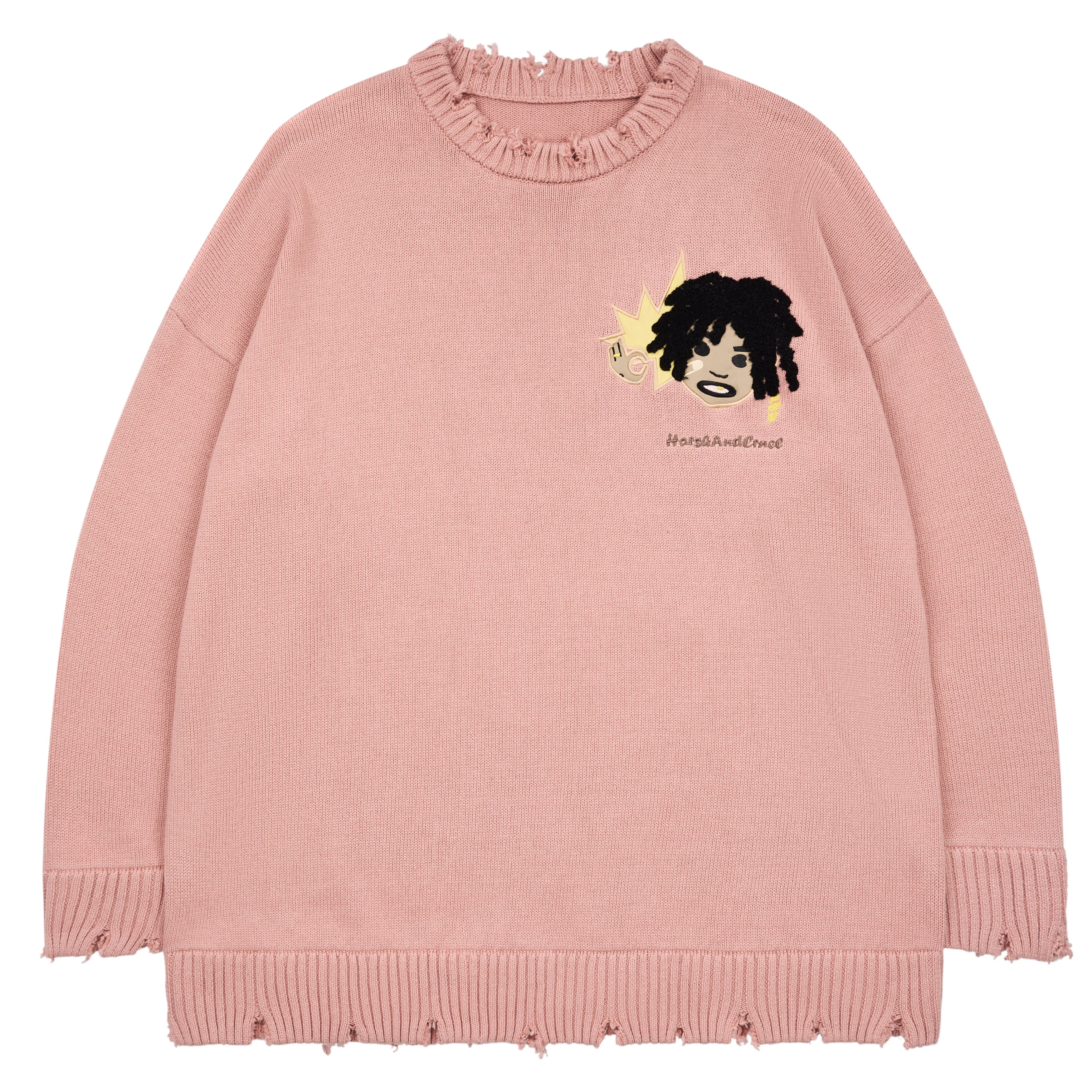Harsh and Cruel Cartoon Face Distressed Knit Sweater