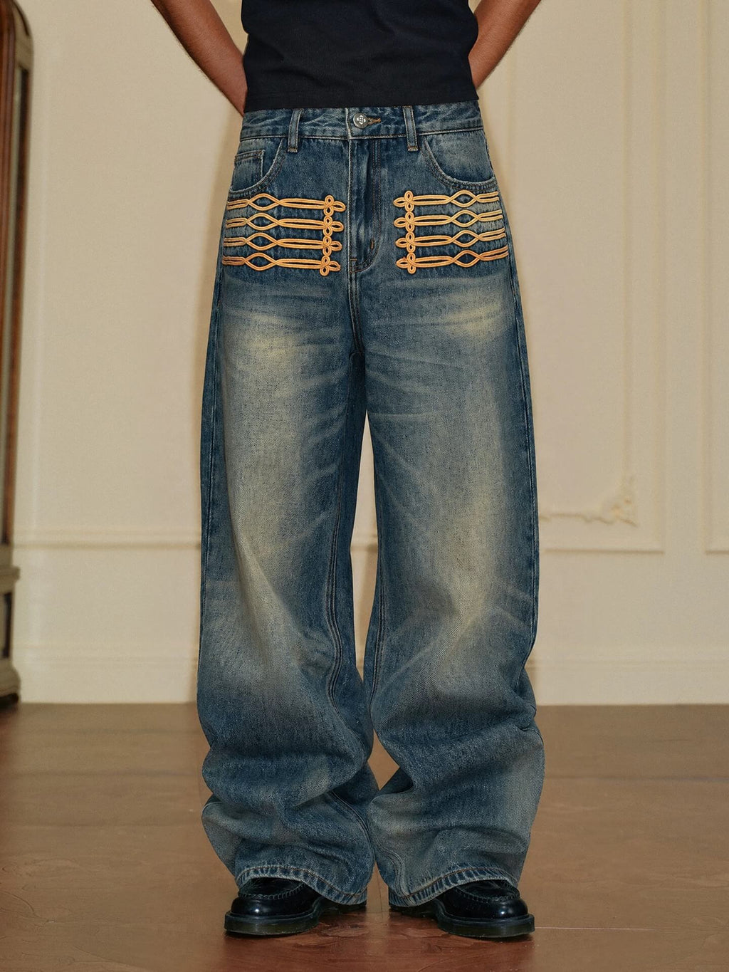 YADcrew Braid Embroidered Washed Loose Fit Jeans