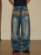 YADcrew Braid Embroidered Washed Loose Fit Jeans