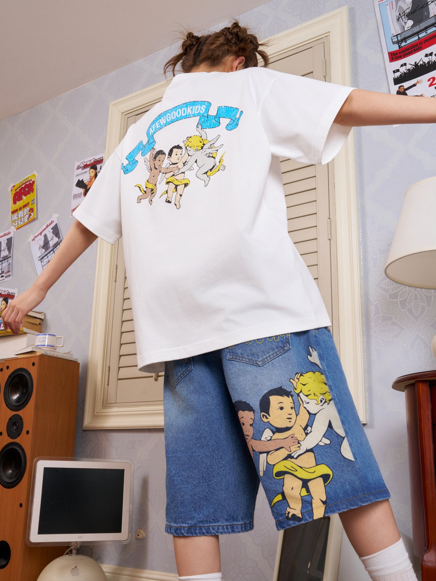 AFGK Three Angels Flame Embroidered Denim Shorts / Jorts