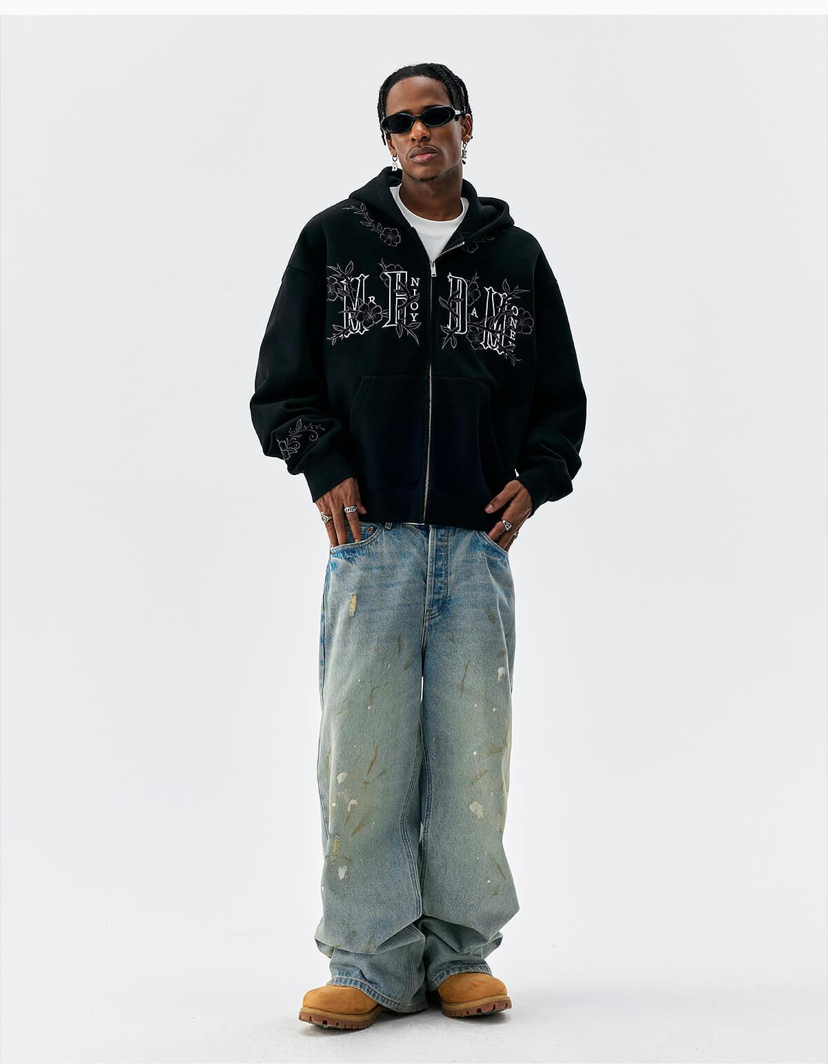 MEDM Flower Embroidered Zip Up Hoodie