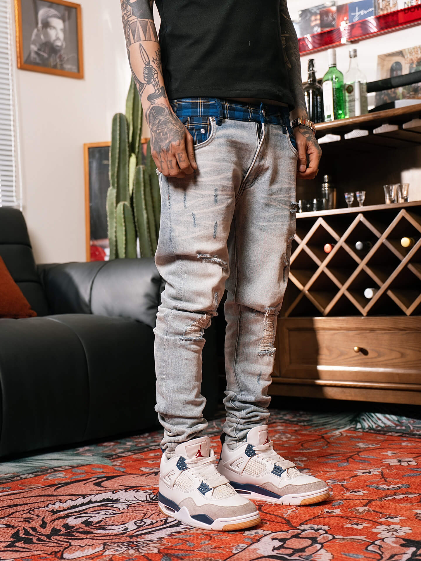 TGFCLUB Plaid Patchwork Waistband Skinny Jeans
