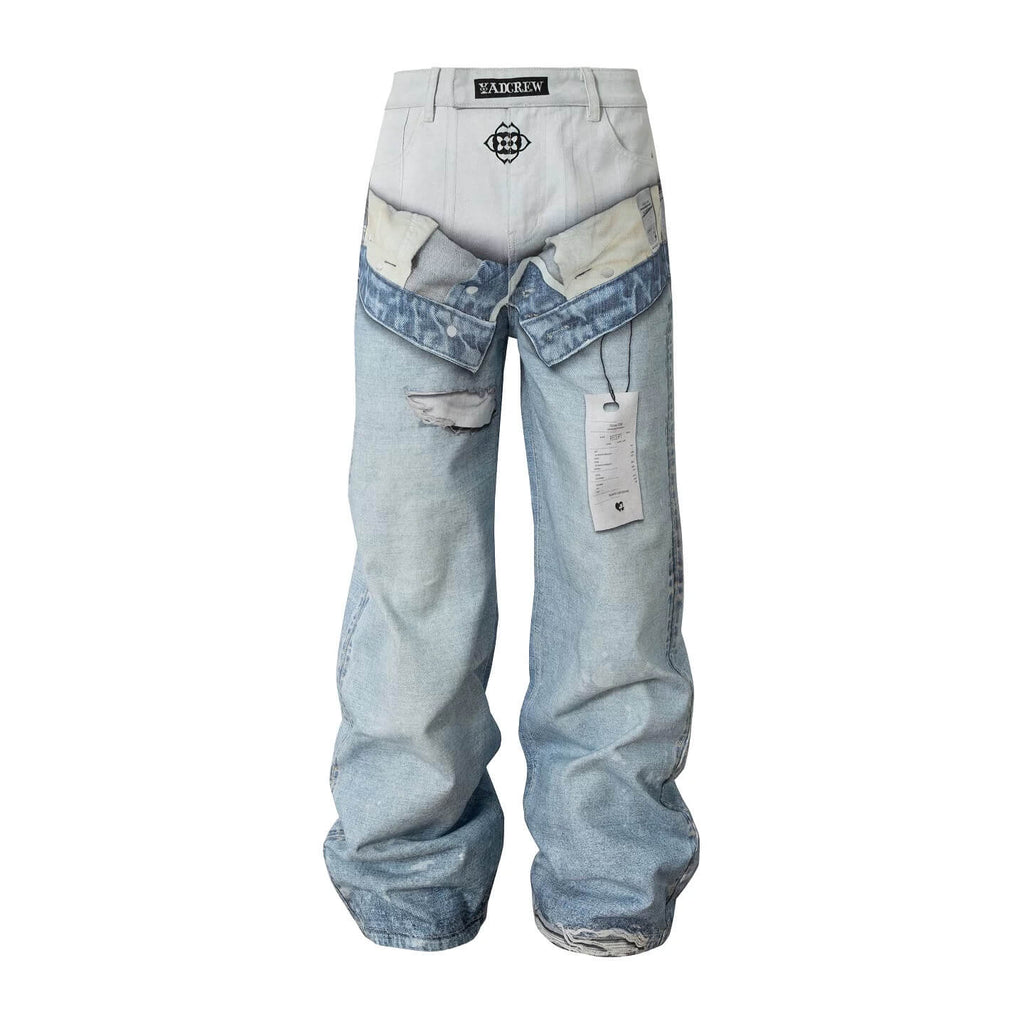 YADcrew 3D Digital Print Double Waist Washed Jeans
