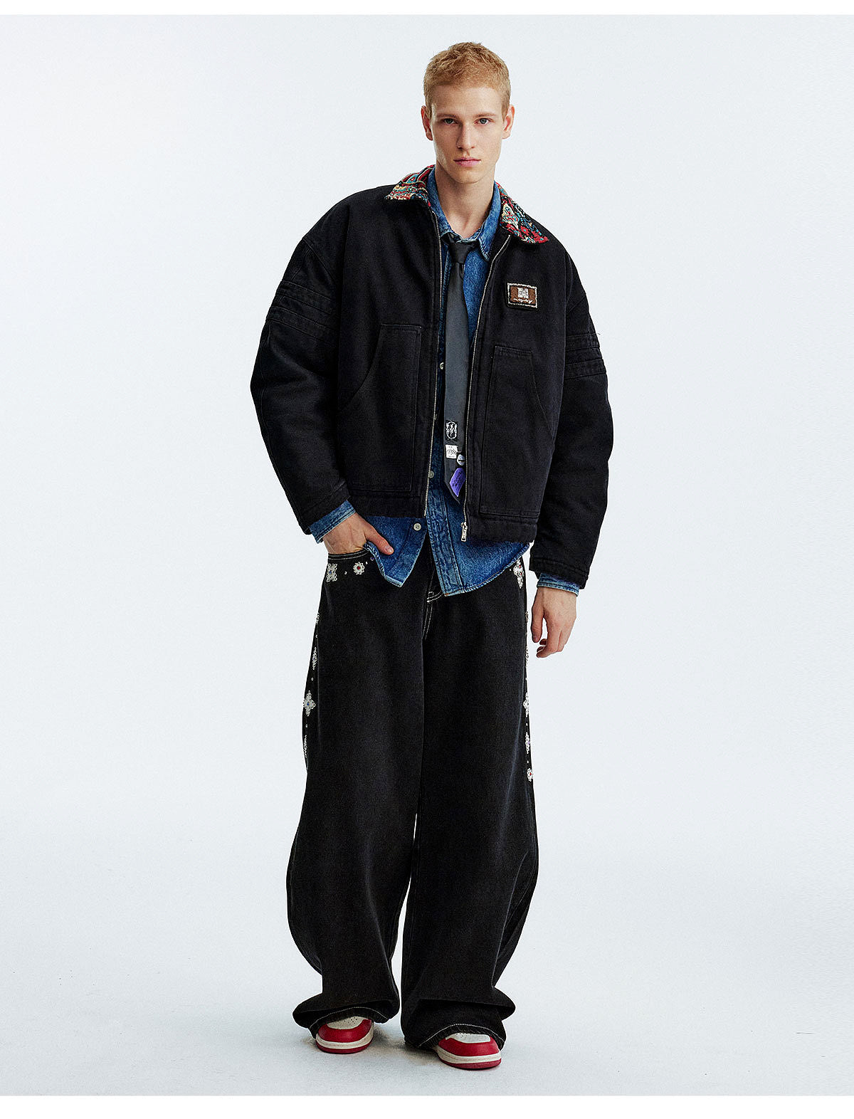 MEDM Ethnic Collar Patch Pocket Quilted Lined Work Jacket