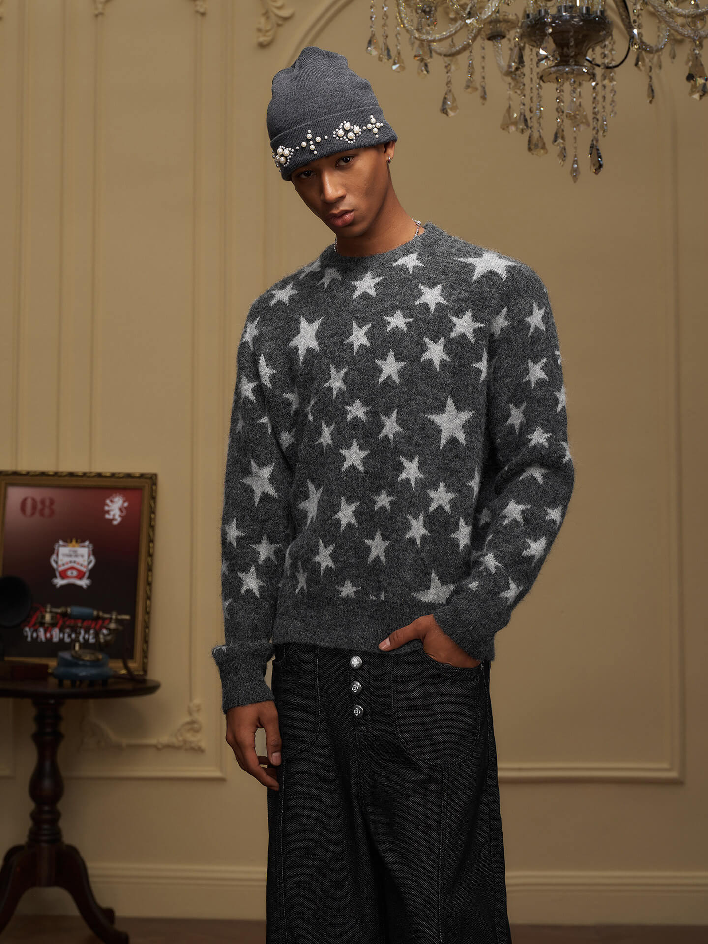 YADcrew All Over Star Fuzzy Knit Sweater