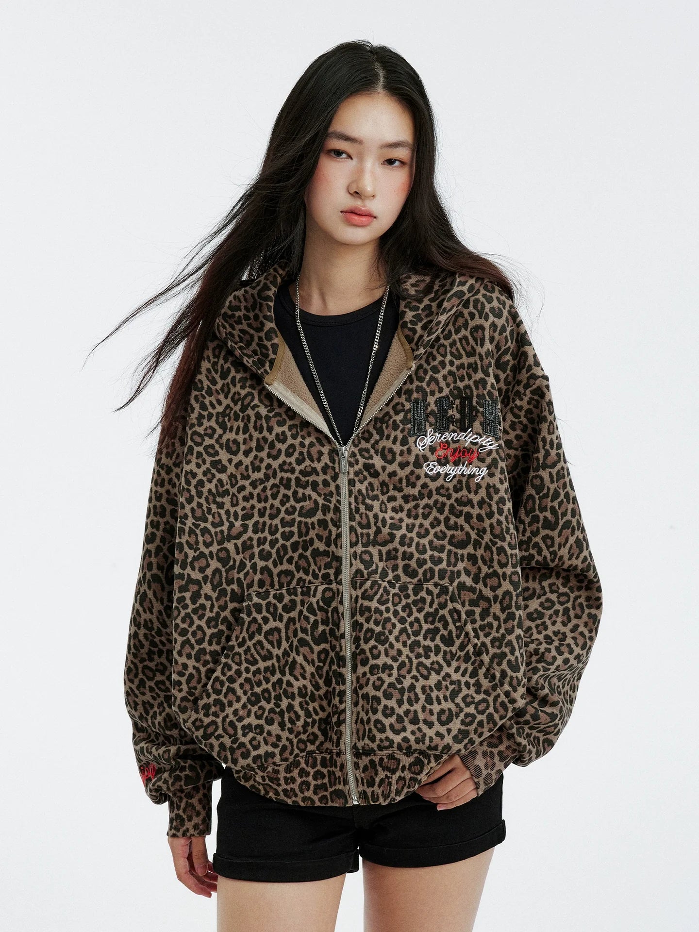 MEDM Embroidered Leopard Zip Up Hooded Jacket
