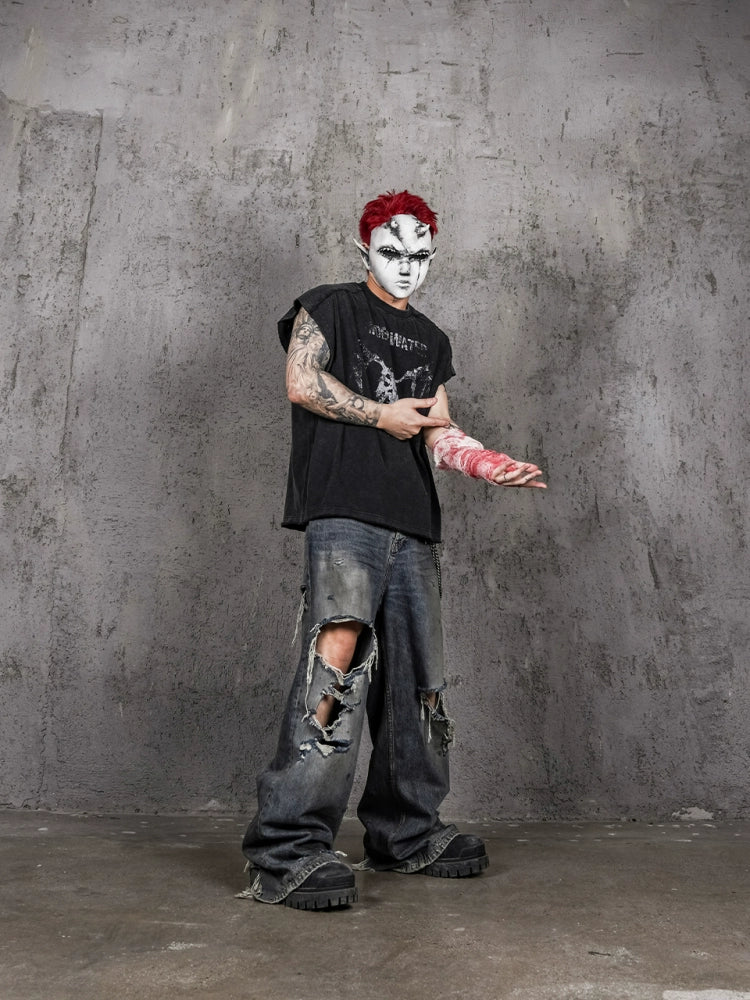 UNDERWATER Washed Devil Bone Print Distressed Sleeveless Tee