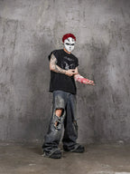 UNDERWATER Washed Devil Bone Print Distressed Sleeveless Tee