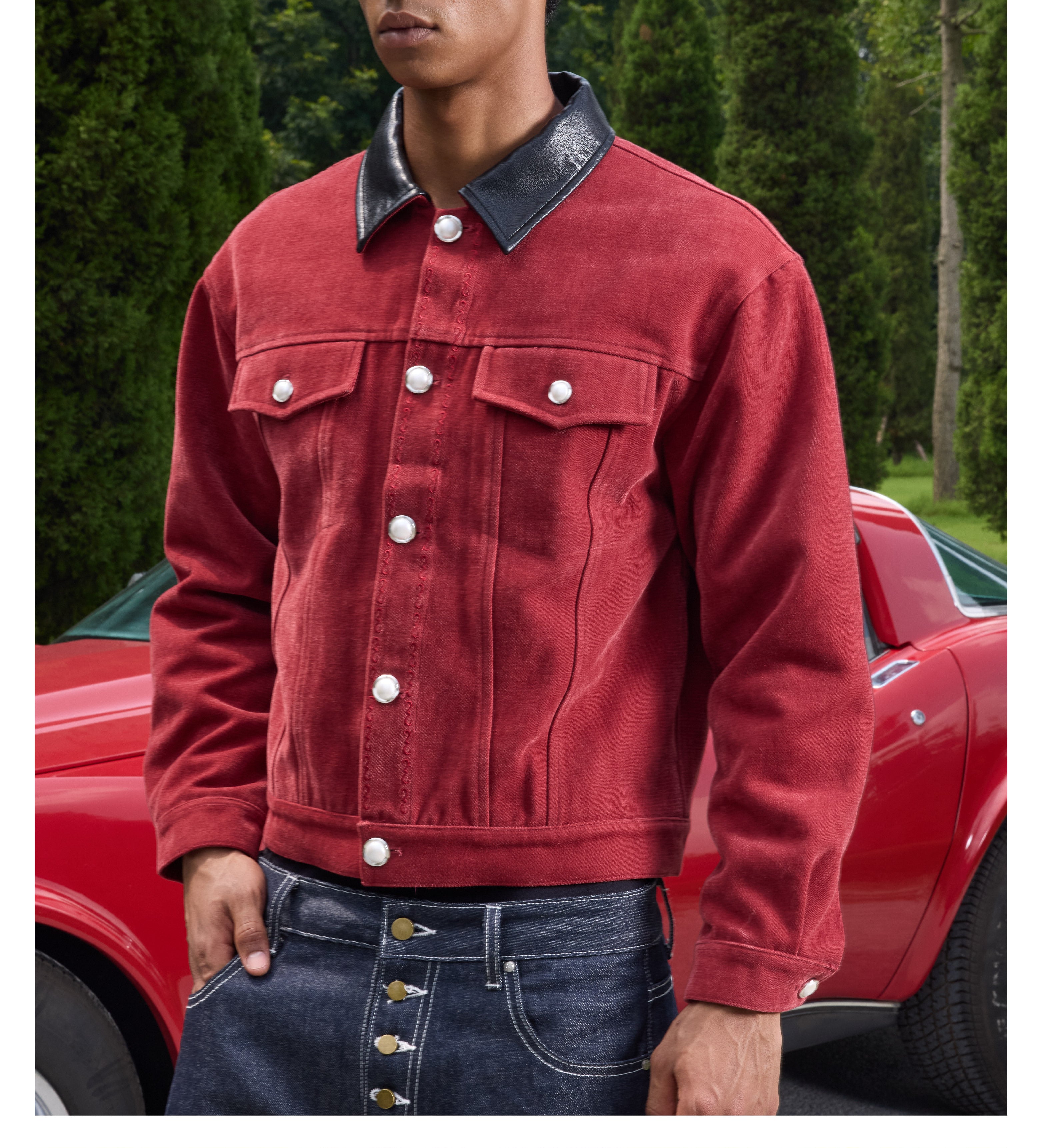 S45 Flocking Denim Pearl Button Leather Lapel Short Jacket