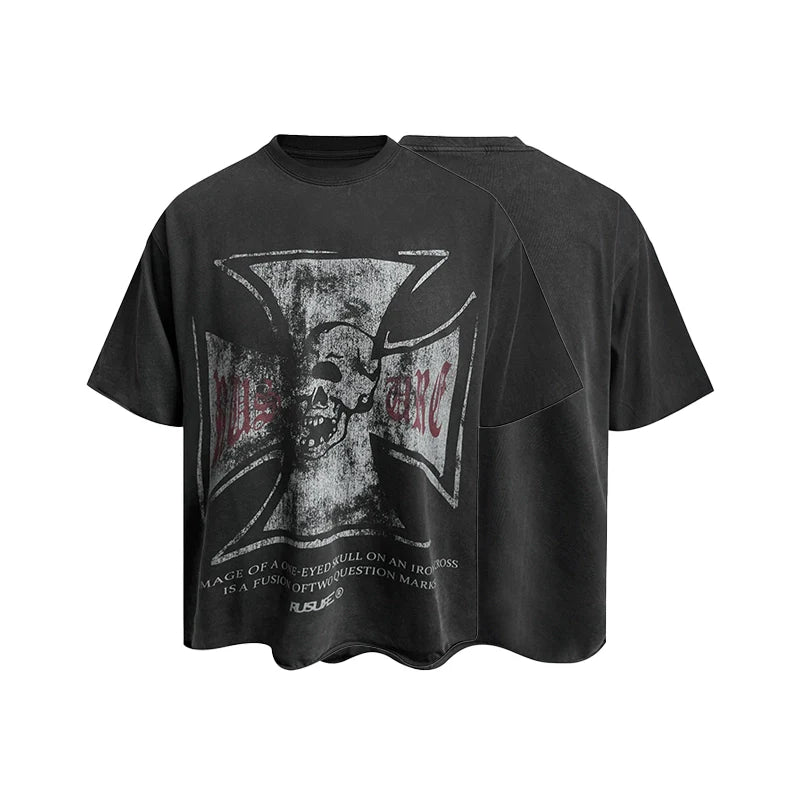 RUSURE Vintage Cross Skull Washed Tee